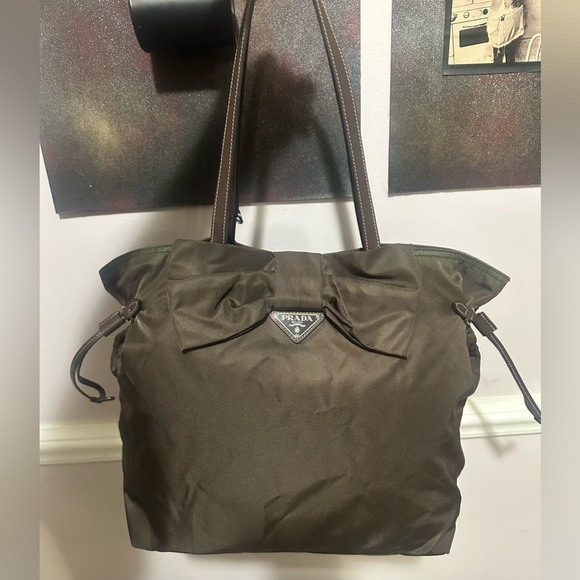 Prada Nylon Ribbon Tote Bag In An Olive Green Color With A Bow Detail. - Picture 3 of 13